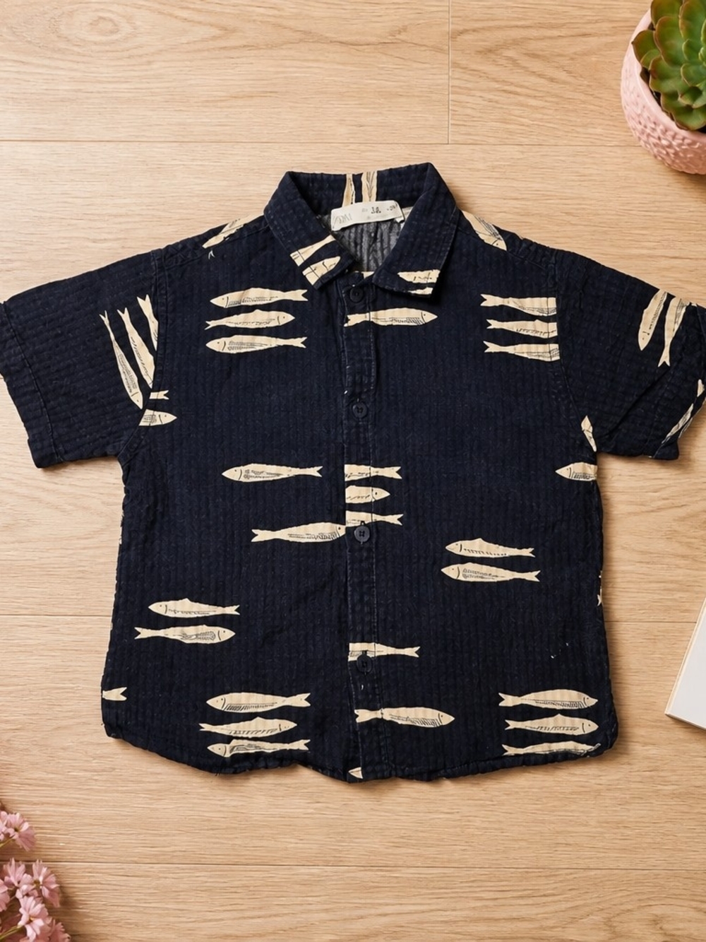 Zara Boys Fish Print Button Up Shirt Navy 3-4 Years 104 Short Sleeve